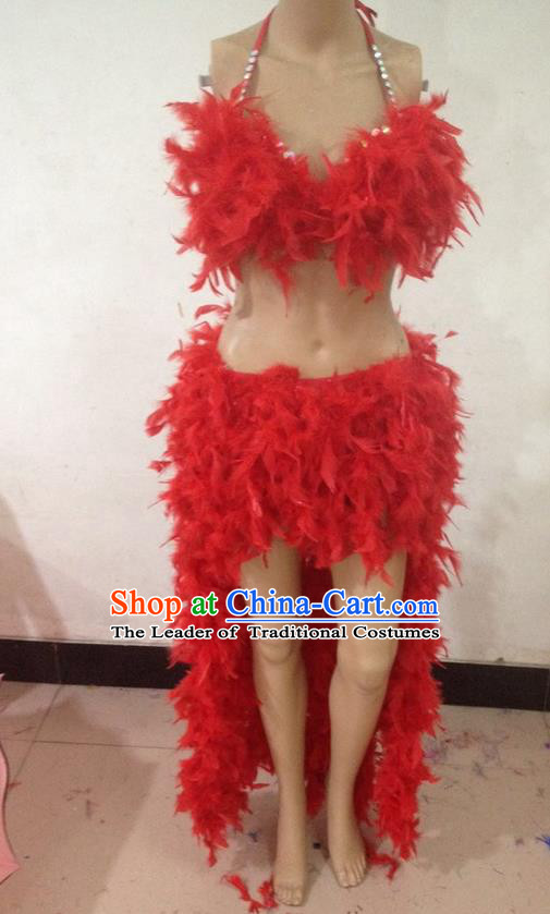 Top Grade Professional Performance Catwalks Bikini Clothing, Traditional Brazilian Rio Carnival Samba Modern Fancywork Red Feather Swimsuit Costume for Kids