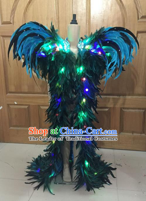 Top Grade Professional Performance Catwalks Led Light Clothing, Traditional Brazilian Rio Carnival Samba Modern Fancywork Blue Feather Costume for Kids