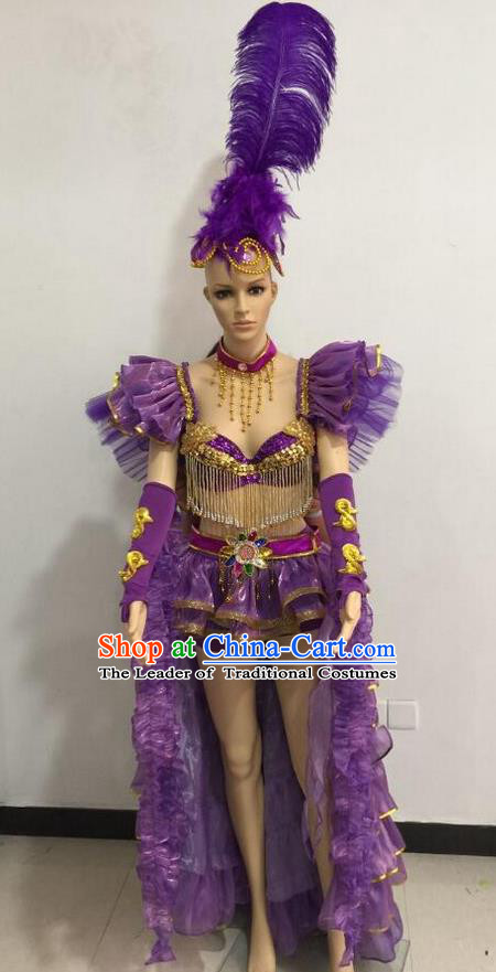 Top Grade Professional Performance Catwalks Purple Bikini Costume and Feather Headwear, Traditional Brazilian Rio Carnival Samba Dance Modern Fancywork Clothing for Women