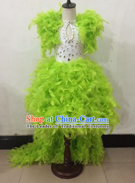 Top Grade Professional Performance Catwalks Costume Green Dress, Traditional Brazilian Rio Carnival Samba Dance Modern Fancywork Clothing for Kids