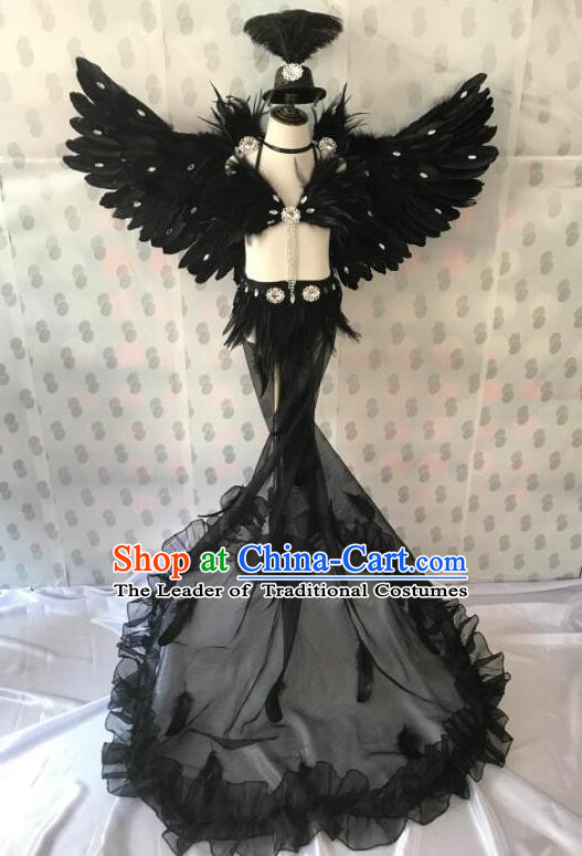 Top Grade Professional Performance Catwalks Costume Black Feather Bikini with Wings, Traditional Brazilian Rio Carnival Samba Dance Modern Fancywork Swimsuit Clothing for Kids