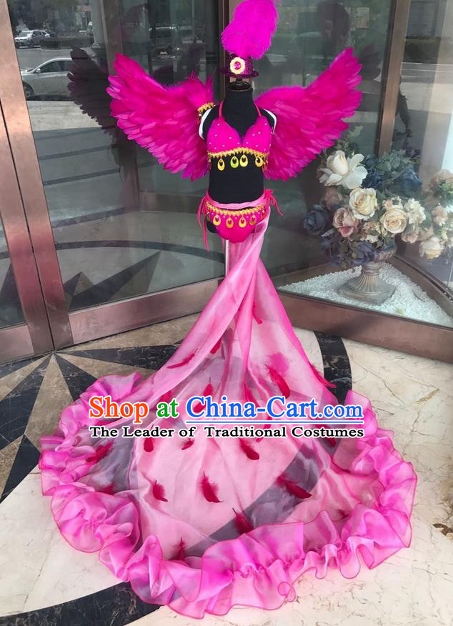 Top Grade Professional Performance Catwalks Costume Rosy Feather Bikini with Wings, Traditional Brazilian Rio Carnival Samba Dance Modern Fancywork Swimsuit Clothing for Kids