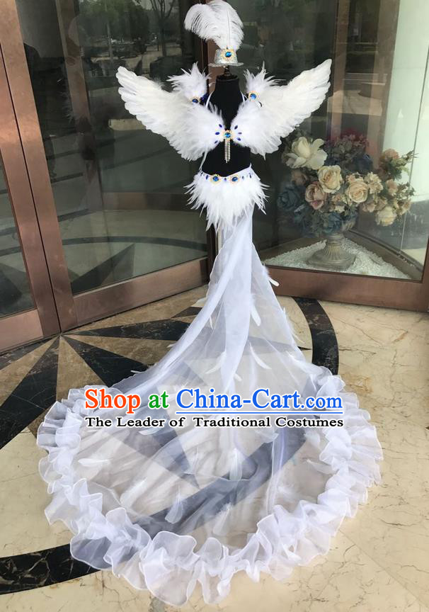 Top Grade Professional Performance Catwalks Costume White Feather Bikini with Wings, Traditional Brazilian Rio Carnival Samba Dance Modern Fancywork Swimsuit Clothing for Kids