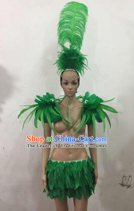 Top Grade Professional Performance Catwalks Costume Green Feather Bikini, Traditional Brazilian Rio Carnival Samba Dance Modern Fancywork Swimsuit Clothing for Women