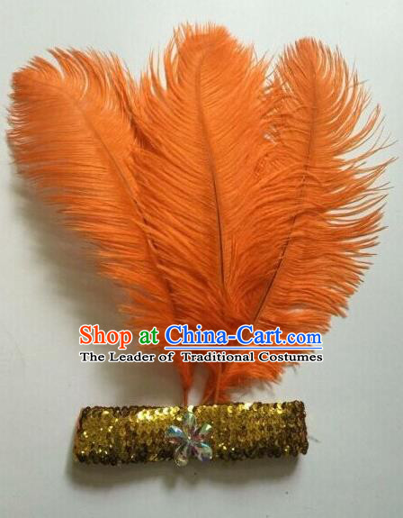 Top Grade Professional Stage Show Halloween Parade Orange Ostrich Feather Hair Accessories, Brazilian Rio Carnival Samba Dance Modern Fancywork Headwear for Women