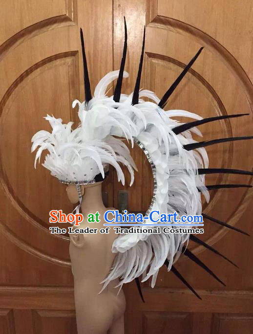 Top Grade Professional Stage Show Halloween Parade Big Hair Accessories, Brazilian Rio Carnival Samba Dance Modern Fancywork White Feather Soldier Headdress for Kids