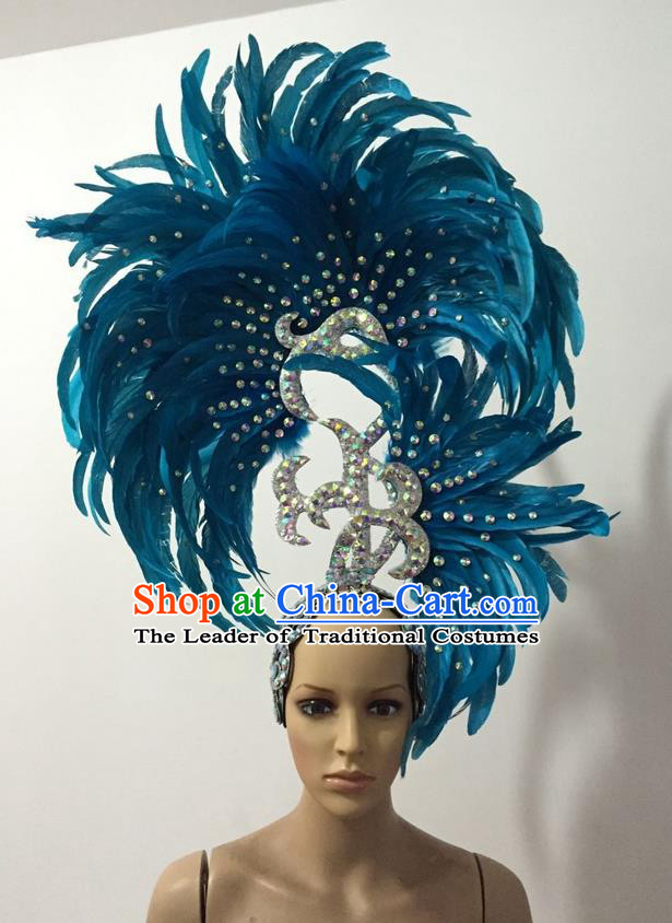 Top Grade Professional Stage Show Halloween Parade Big Hair Accessories, Brazilian Rio Carnival Samba Dance Modern Fancywork Light Blue Feather Giant Headpiece for Kids