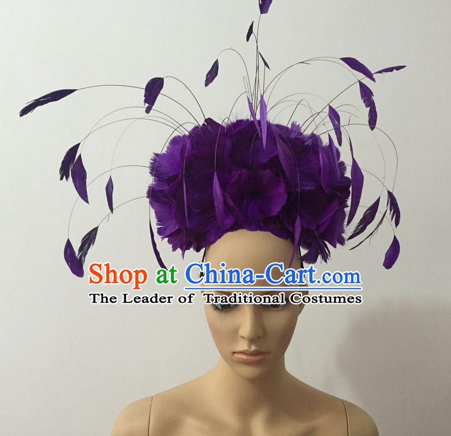 Top Grade Professional Stage Show Halloween Parade Hair Accessories, Brazilian Rio Carnival Samba Dance Modern Fancywork Purple Feather Giant Headwear for Women