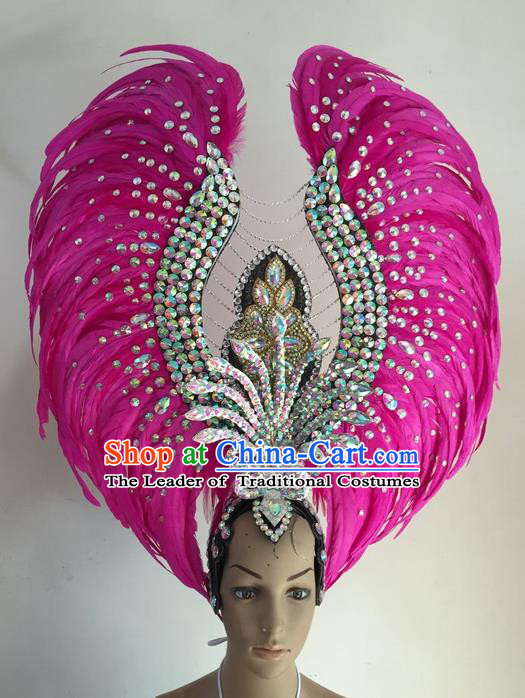 Top Grade Brazilian Rio Carnival Samba Dance Hair Accessories Headwear, Halloween Parade Rosy Feather Headpiece for Women