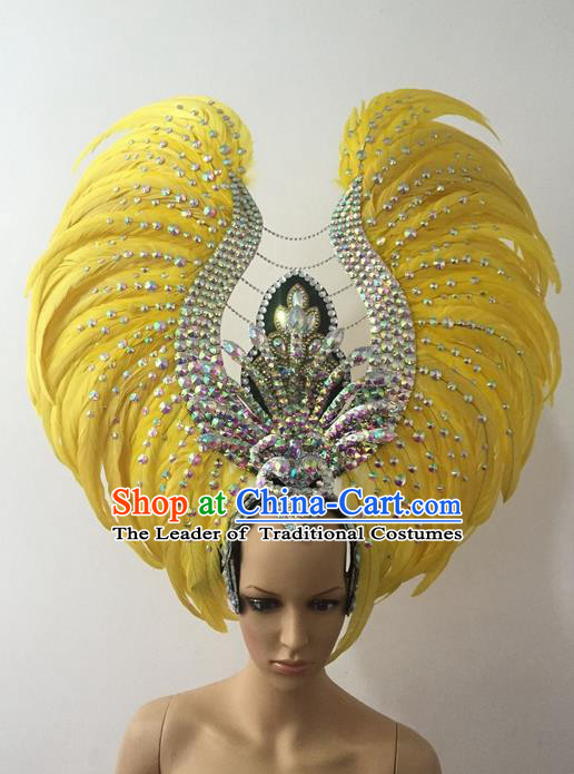 Top Grade Brazilian Rio Carnival Samba Dance Hair Accessories Headwear, Halloween Parade Yellow Feather Headpiece for Women