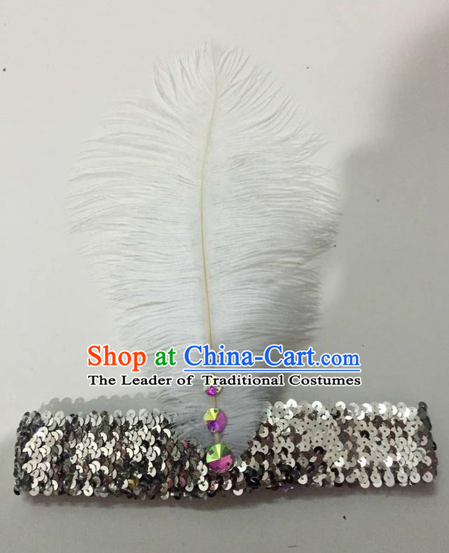 Top Grade Brazilian Rio Carnival Samba Dance White Feather Hair Accessories Headpiece, Halloween Parade Crystal Headwear for Women