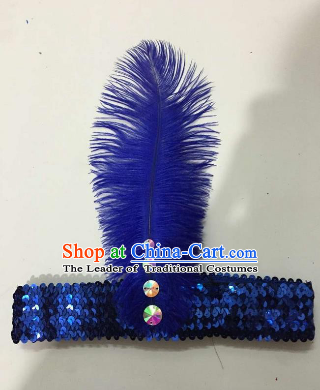 Top Grade Brazilian Rio Carnival Samba Dance Royalblue Feather Hair Accessories Headpiece, Halloween Parade Crystal Headwear for Women