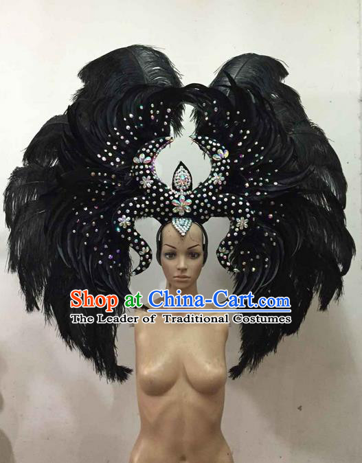 Top Grade Brazilian Rio Carnival Samba Dance Black Feather Big Hair Accessories Headpiece, Halloween Parade Giant Headwear for Women