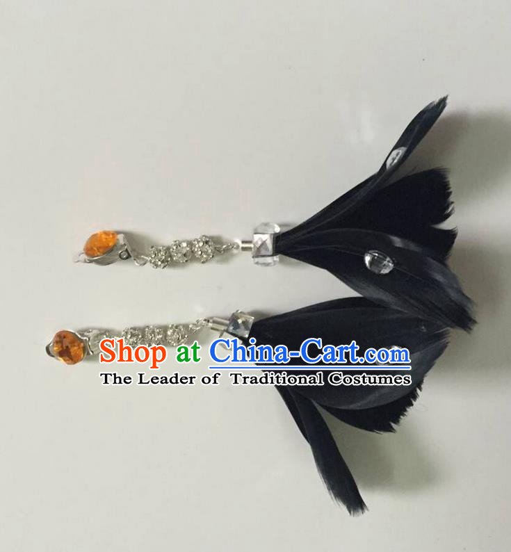 Top Grade Brazilian Rio Carnival Samba Dance Accessories Earrings, Halloween Parade Black Feather Eardrop for Women