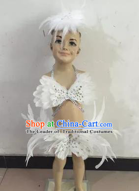 Top Grade Professional Performance Catwalks Costume White Feather Swimsuit, Traditional Brazilian Rio Carnival Samba Dance Bikini Clothing for Kids