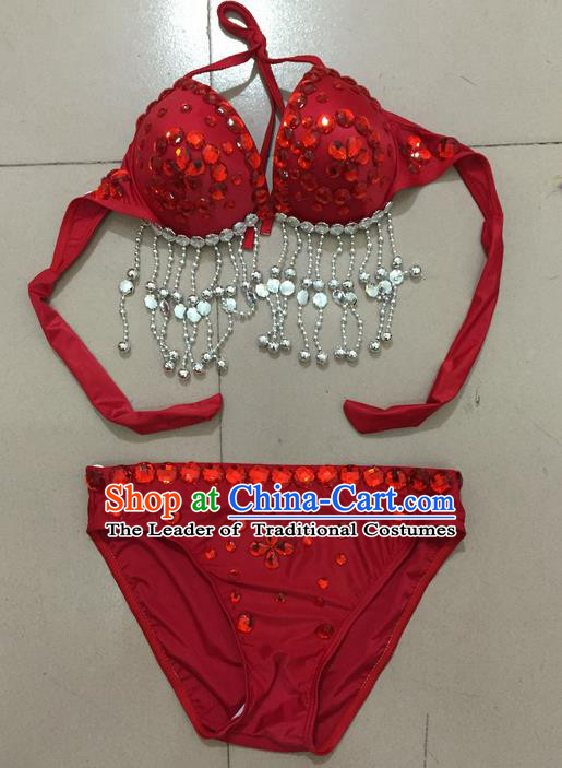 Top Grade Professional Performance Catwalks Costume Red Swimsuit, Traditional Brazilian Rio Carnival Samba Belly Dance Bikini Clothing for Kids