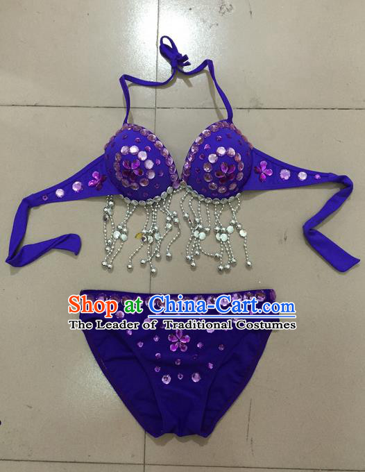 Top Grade Professional Performance Catwalks Costume Purple Swimsuit, Traditional Brazilian Rio Carnival Samba Belly Dance Bikini Clothing for Kids