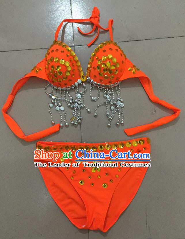 Top Grade Professional Performance Catwalks Costume Orange Swimsuit, Traditional Brazilian Rio Carnival Samba Belly Dance Bikini Clothing for Kids