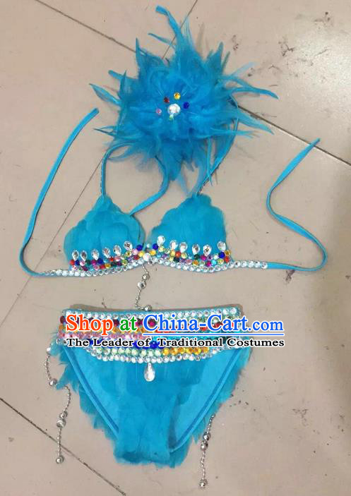 Top Grade Professional Performance Catwalks Costume Blue Swimsuit and Feather Headwear, Traditional Brazilian Rio Carnival Samba Belly Dance Bikini Clothing for Kids