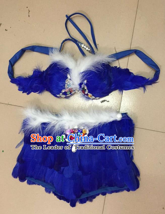 Top Grade Professional Performance Catwalks Costume Royalblue Feather Bikini, Traditional Brazilian Rio Carnival Samba Dance Modern Fancywork Swimsuit for Women