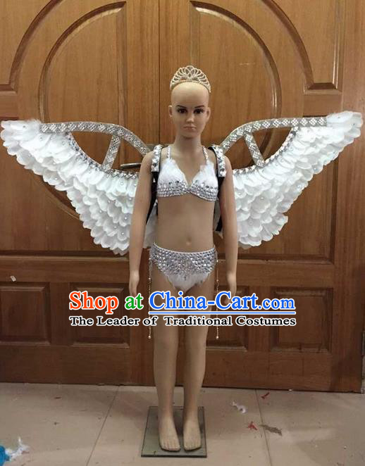 Top Grade Professional Performance Catwalks Costume Bikini with Wings, Traditional Brazilian Rio Carnival Samba Dance Swimsuit Clothing for Kids