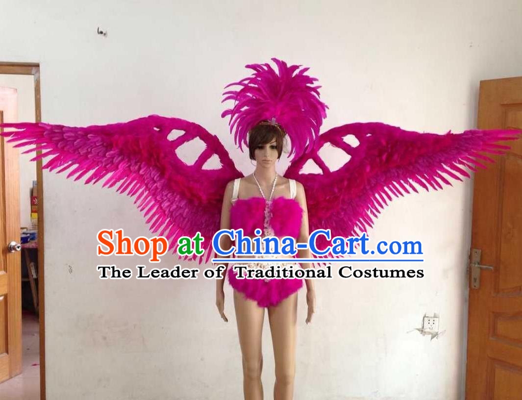 Top Grade Professional Performance Catwalks Rosy Swimsuit, Brazilian Rio Carnival Parade Samba Opening Dance Bikini and Feather Wings for Women