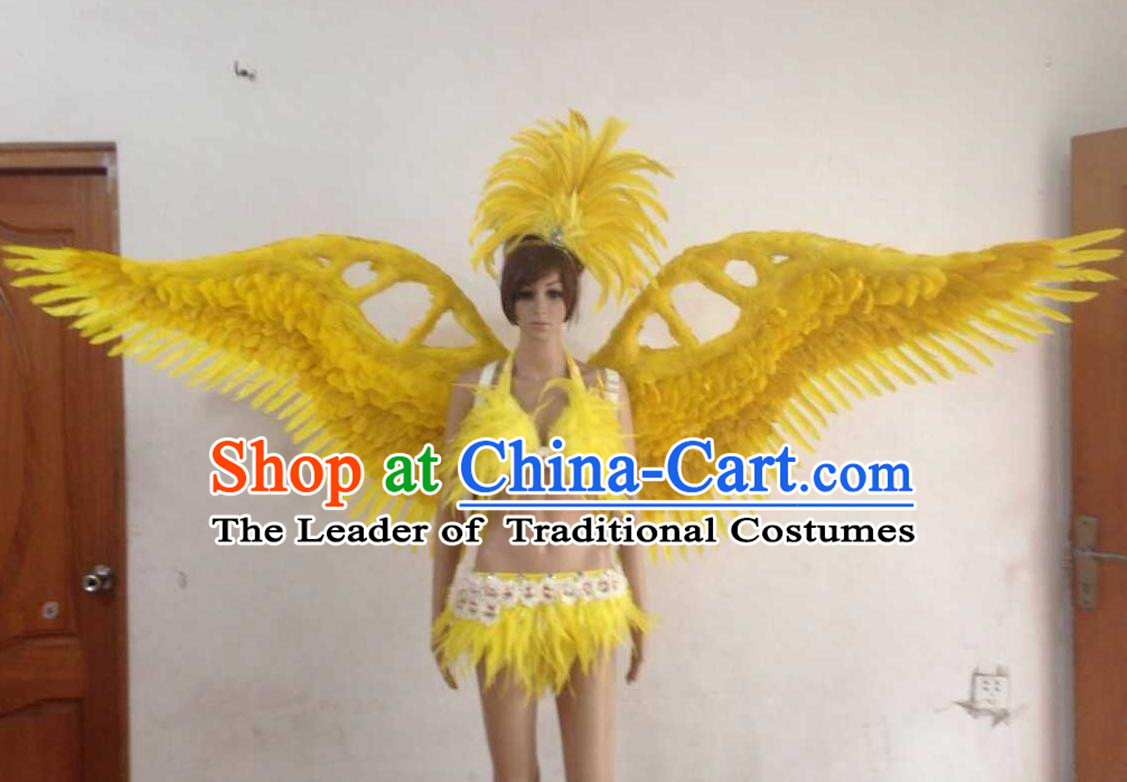 Top Grade Professional Performance Catwalks Yellow Swimsuit, Brazilian Rio Carnival Parade Samba Opening Dance Bikini and Feather Wings for Women