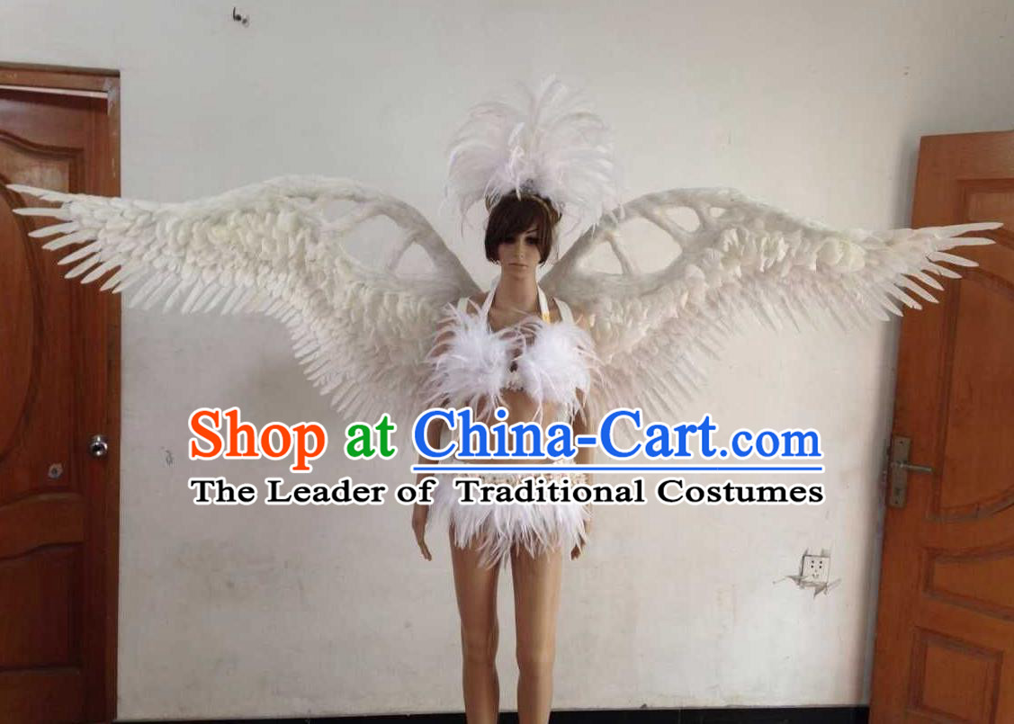 Top Grade Professional Performance Catwalks White Swimsuit, Brazilian Rio Carnival Parade Samba Opening Dance Bikini and Feather Wings for Women