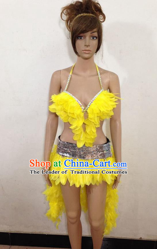 Top Grade Professional Performance Catwalks Yellow Feather Swimsuit, Brazilian Rio Carnival Parade Samba Belly Dance Opening Dance Bikini for Women