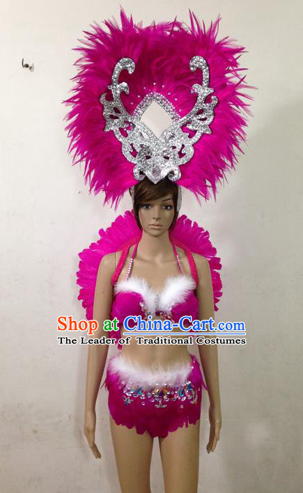 Top Grade Professional Performance Catwalks Rosy Feather Swimsuit and Headwear, Brazilian Rio Carnival Parade Samba Belly Dance Opening Dance Bikini for Women