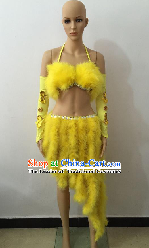 Top Grade Professional Performance Catwalks Costume Yellow Swimsuit, Brazilian Rio Carnival Parade Samba Belly Dance Opening Dance Bikini for Women