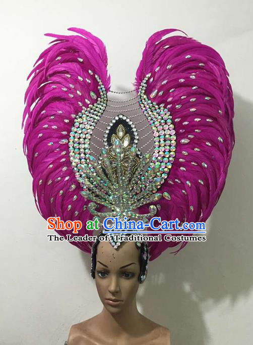 Top Grade Brazilian Rio Carnival Samba Dance Rosy Feathers Hair Accessories Deluxe Headpiece, Halloween Parade Feather Decorations Crystal Headwear for Women