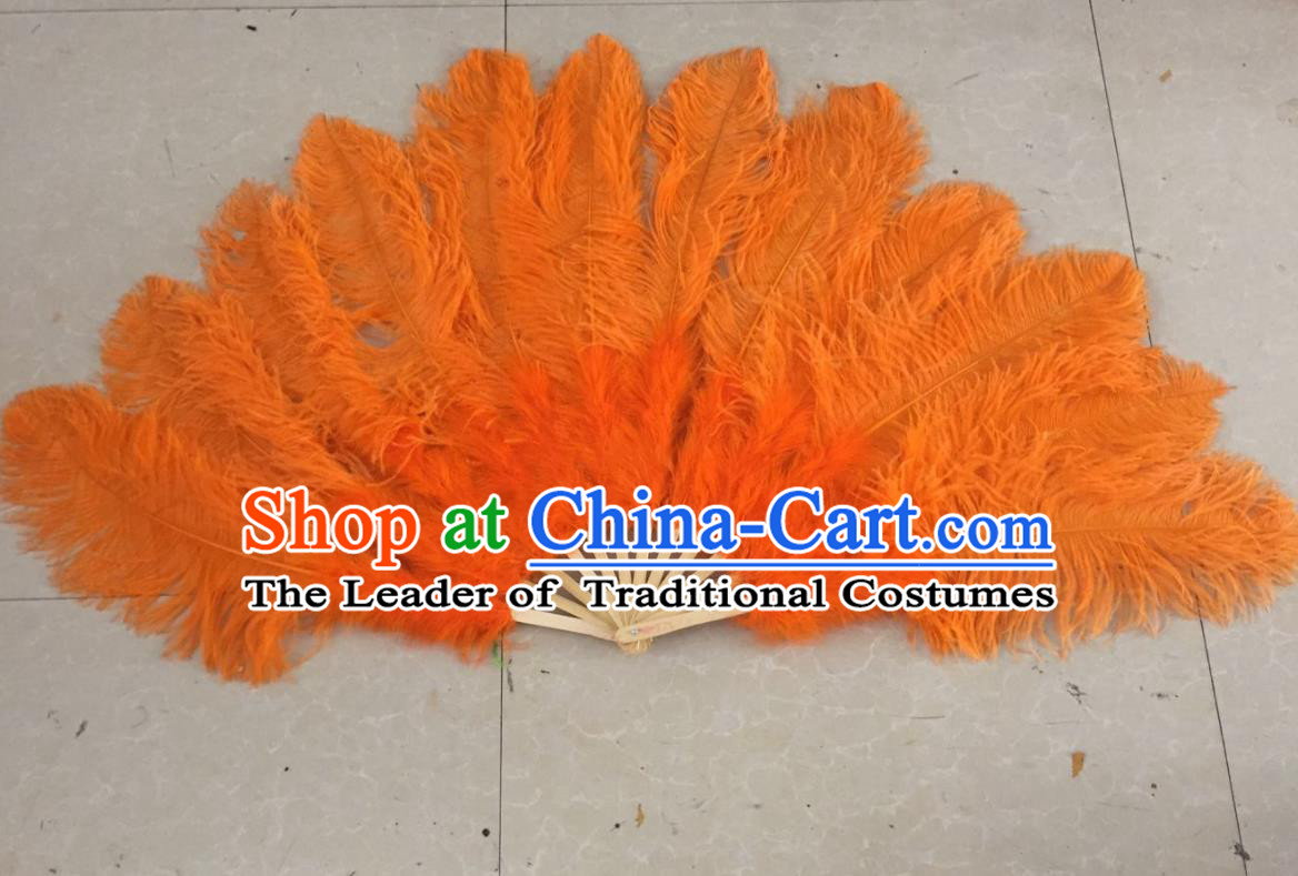 Top Grade Professional Performance Catwalks Orange Feather Big Fans, Brazilian Rio Carnival Parade Samba Dance Folding Fans