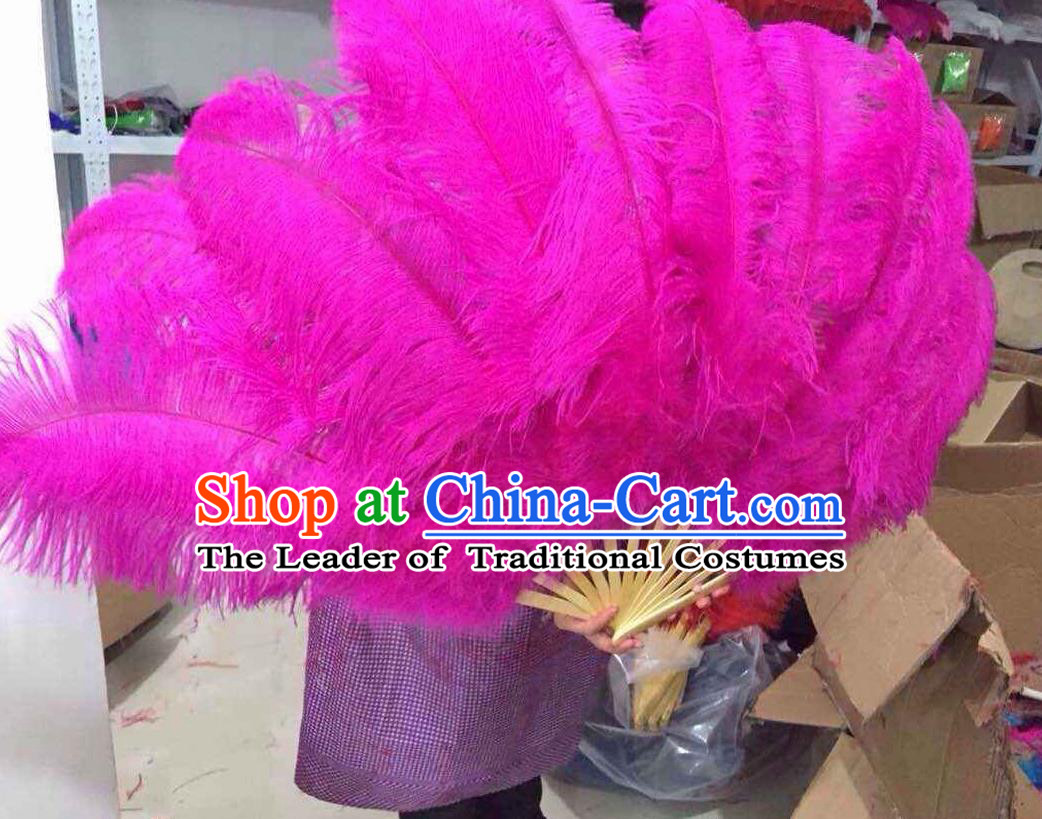 Top Grade Professional Performance Catwalks Pink Feather Big Fans, Brazilian Rio Carnival Parade Samba Dance Folding Fans