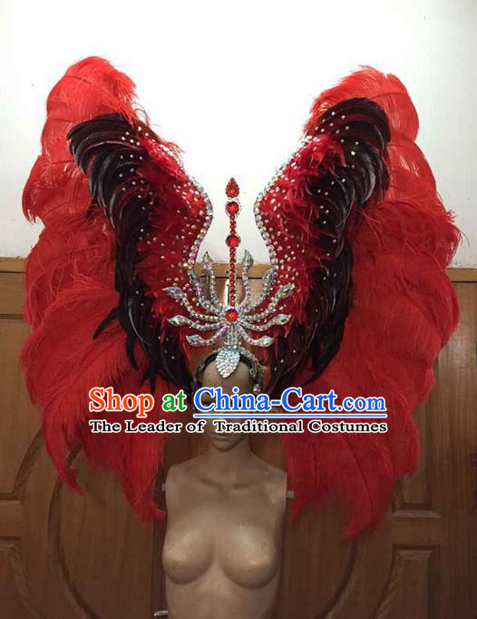 Top Grade Brazilian Rio Carnival Samba Dance Red Feathers Big Hair Accessories Deluxe Headpiece, Halloween Parade Feather Decorations Crystal Headwear for Women