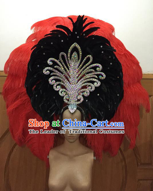 Top Grade Professional Performance Catwalks Red Feathers Deluxe Hair Accessories, Brazilian Rio Carnival Parade Samba Dance Big Headdress for Women