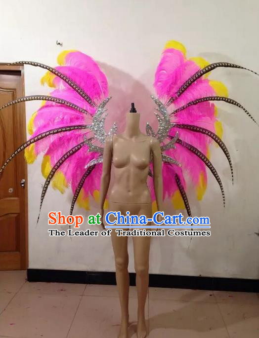 Top Grade Compere Professional Performance Catwalks Pink Feathers Wings and Headwear, Brazilian Rio Carnival Samba Opening Dance Modern Fancywork Feather Decorations for Women