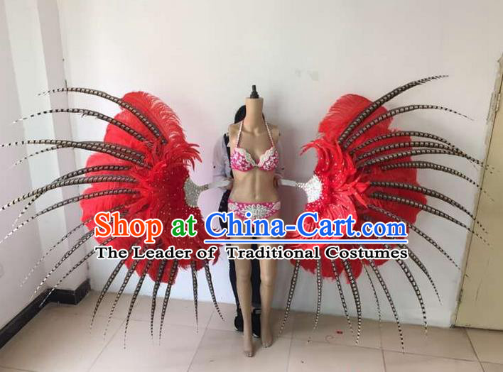 Top Grade Compere Professional Performance Catwalks Red Feathers Wings, Brazilian Rio Carnival Samba Opening Dance Modern Fancywork Feather Decorations for Women