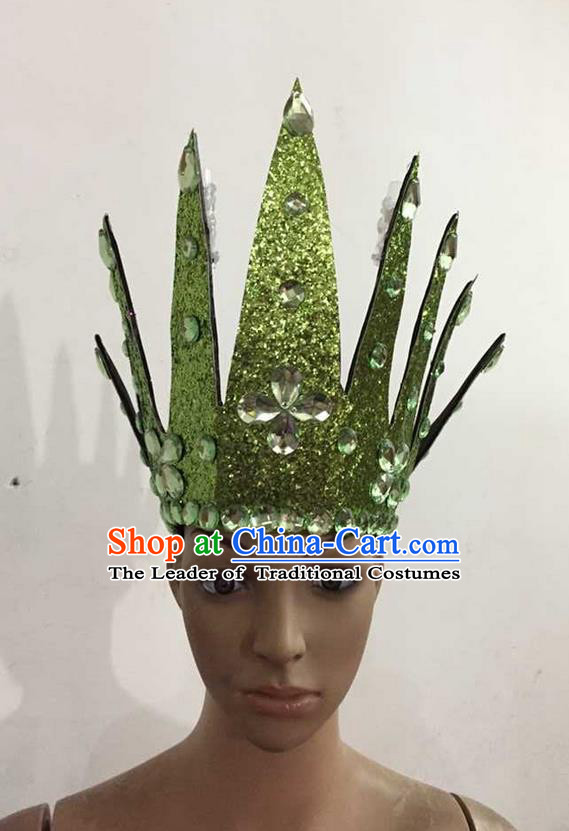 Top Grade Professional Performance Catwalks Hair Accessories, Brazilian Rio Carnival Parade Samba Dance Green Crystal Crown Headwear for Women