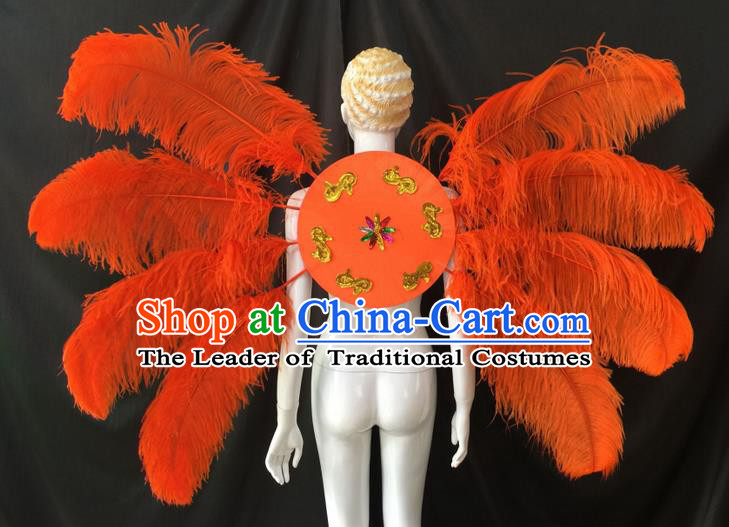 Top Grade Professional Performance Catwalks Orange Feathers Decorations Backplane, Brazilian Rio Carnival Parade Samba Dance Wings for Women