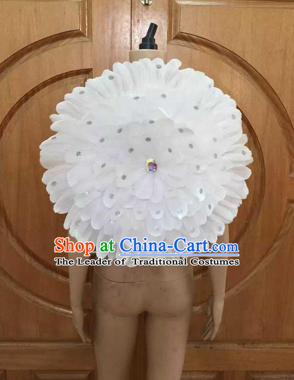 Top Grade Professional Performance Catwalks White Feathers Decorations Round Backplane, Brazilian Rio Carnival Parade Samba Dance Props for Women