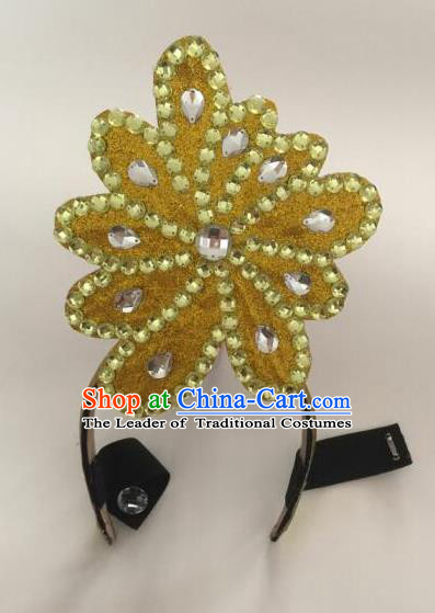 Top Grade Professional Performance Catwalks Fancy Ball Yellow Head Decorations Crystal Headwear, Brazilian Rio Carnival Parade Samba Dance Hair Clasp for Women