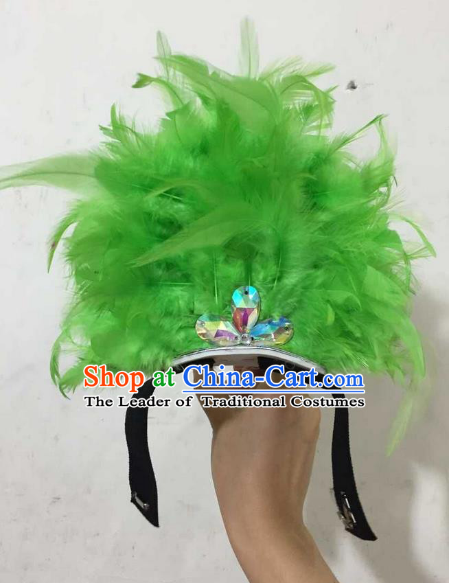 Top Grade Professional Performance Catwalks Halloween Green Feathers Head Decorations Headpiece, Brazilian Rio Carnival Parade Samba Dance Headwear for Kids