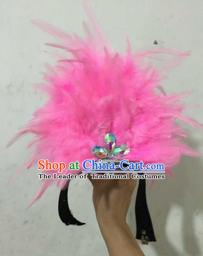 Top Grade Professional Performance Catwalks Halloween Pink Feathers Head Decorations Headpiece, Brazilian Rio Carnival Parade Samba Dance Headwear for Kids