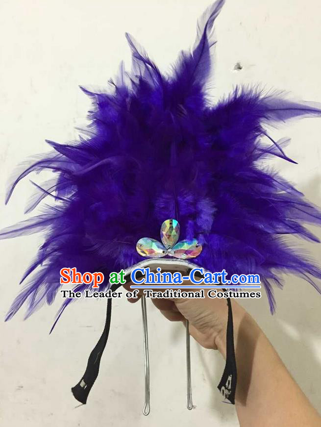 Top Grade Professional Performance Catwalks Halloween Royalblue Feathers Head Decorations Headpiece, Brazilian Rio Carnival Parade Samba Dance Headwear for Kids