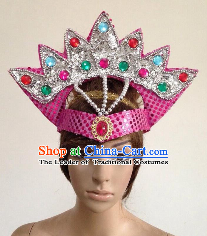 Top Grade Professional Performance Catwalks Pink Crystal Crown Decorations Hair Accessories, Brazilian Rio Carnival Parade Samba Dance Headpiece for Women