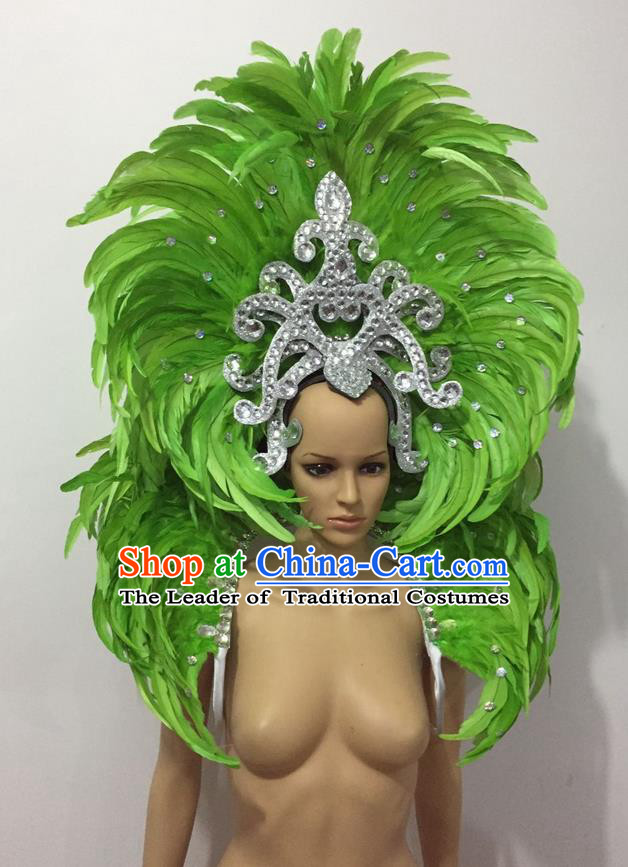 Top Grade Professional Performance Catwalks Opening Dance Green Feather Big Hair Accessories, Brazilian Rio Carnival Parade Samba Dance Headpiece for Women