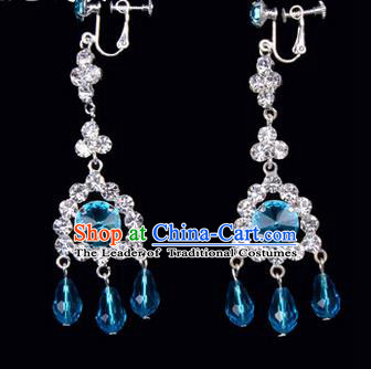 Chinese Ancient Peking Opera Head Accessories Young Lady Diva Colorful Crystal Blue Tassel Earrings, Traditional Chinese Beijing Opera Hua Tan Ear Pendants