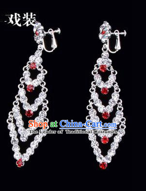 Chinese Ancient Peking Opera Head Accessories Young Lady Diva Colorful Crystal Red Rhombus Earrings, Traditional Chinese Beijing Opera Hua Tan Ear Pendants