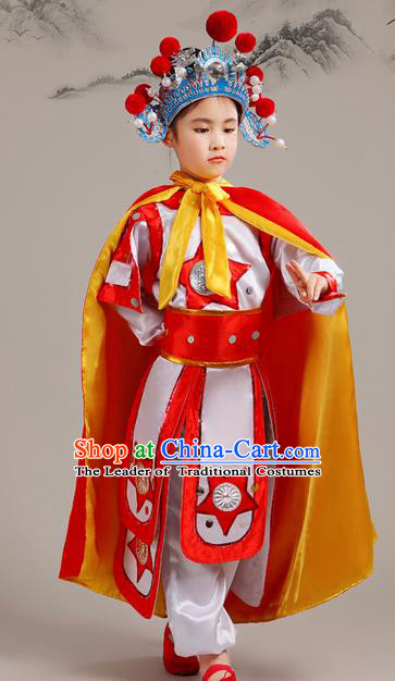 Top Grade Chinese Peking Opera Blues Soldier Costume Complete Set, Children Beijing Opera General Clothing for Kids